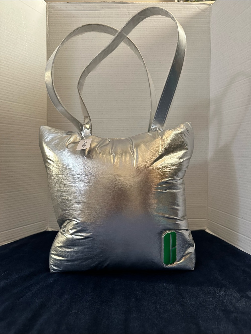 Clinique Silver Metallic Tote with Green Accent